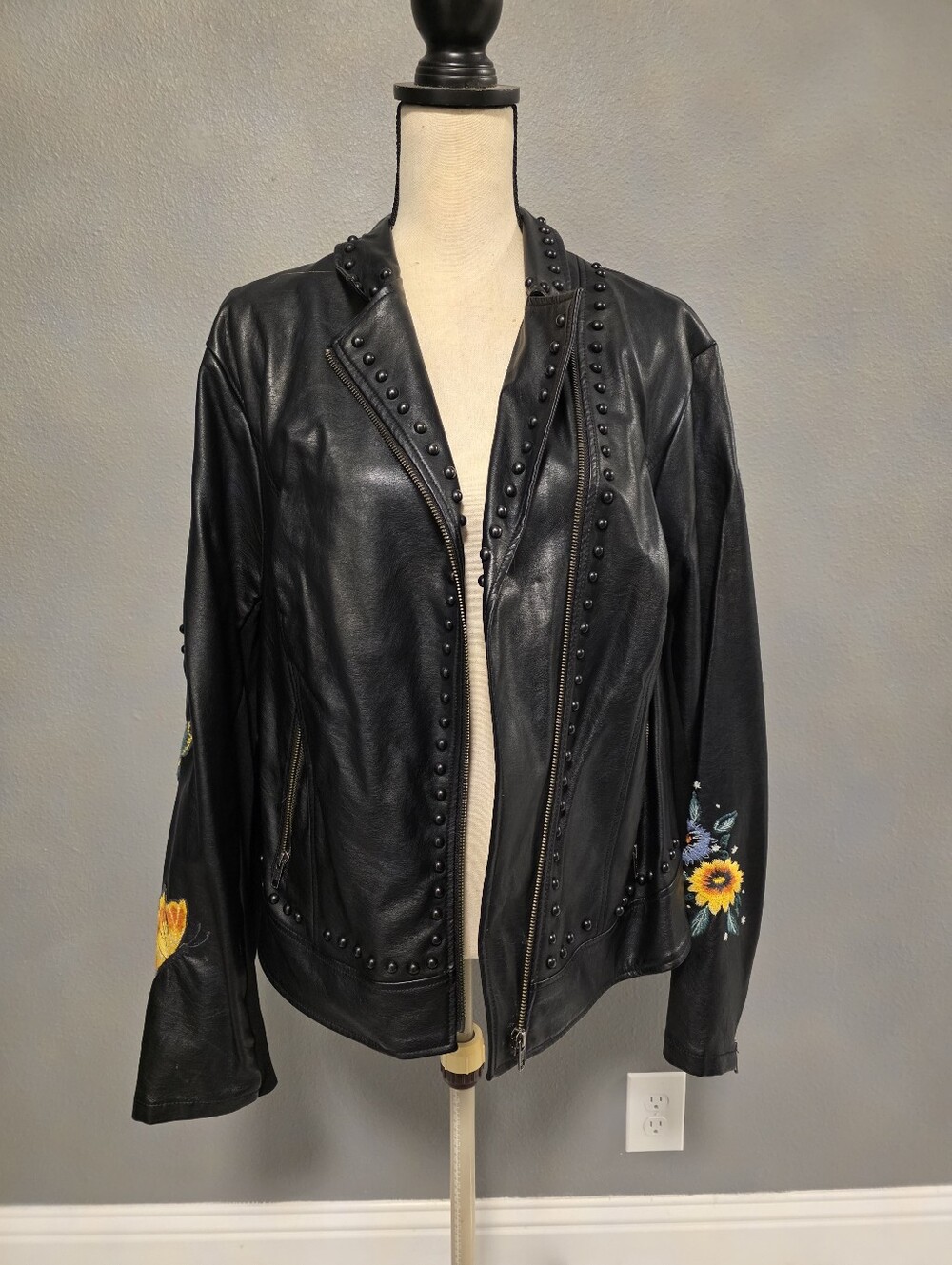 Torrid Embroidered Black Leather Jacket with Stud Details